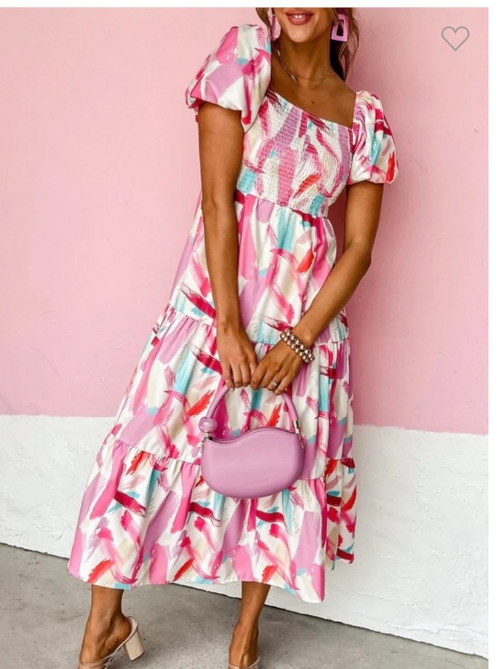 Pink Abstract Print Puff-Sleeve Smocked Maxi Dress